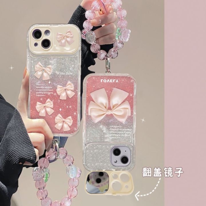 เคสโทรศัพท์มือถือแบบนิ่ม-กันกระแทก-กันรอยกล้อง-ลายโบว์เด็กผู้หญิง-พร้อมกระจก-สีชมพู-สําหรับ-iphone-12-x-xr-xs-7-8-13-14