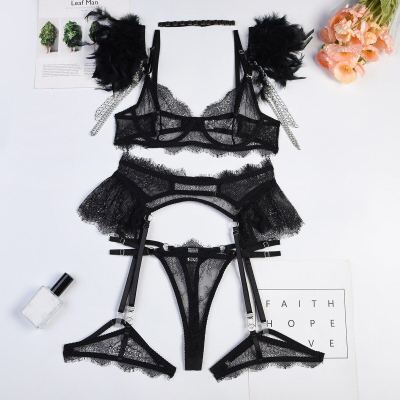 2023 Korean Feathers Lingerie Sets For Women Luxury 5-Piece G-String Transparent Lace Bra Garter Female Underwear Sexy Erotic Sets