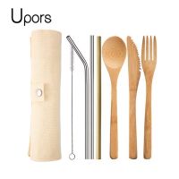 UPORS Natural Bamboo Cutlery Set Reusable Wooden Cutlery Fork Spoon Knife Set with Cutlery Bag for Travel Tableware Utensil Set Flatware Sets