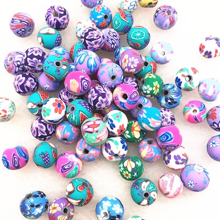 6mm 8mm 10mm 12mm Polymer Clay Flower Pattern Printing Beads Round Loose Beads Mix Colors for Jewellery Making DIY Accessories