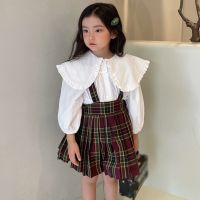 Autumn Girls Blouse Doll Collar Turn-down Shirt Fashion Children Tees Cotton Tops Long Sleeve Kid Clothing plaid Overall skirt