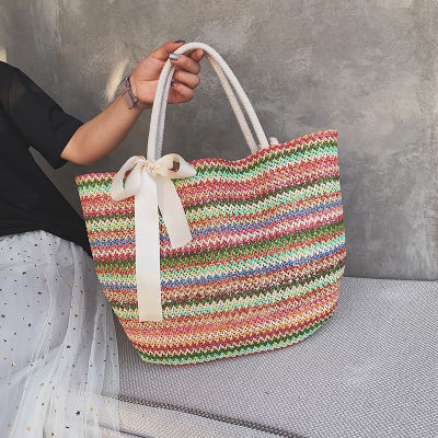 INS New Handmade Woven Big Bag Women Summer Fashion Big Capacity Shoulder Bag Holiday Travel Handbag Straw Drawstring Beach Bag