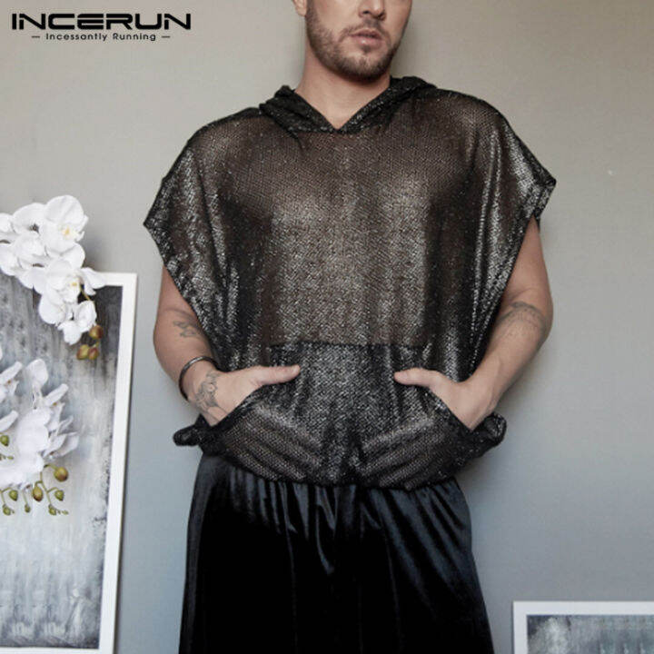 incerun-เสื้อผู้ชายแบบมีฮู้ดแขนสั้นทรงหลวมเสื้อเสื้อปาร์ตี้เสื้อ-ลดล้างสต๊อก