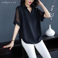 COD tjjs079 Summer new chiffon shirt black short sleeve V-neck bottomed top covering belly large womens dress Korean shirt womens