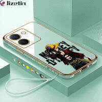 Jizetin VIVO Y27 5G ฟรีสายคล้อง + อะนิเมะการ์ตูนลูฟี่ขอบสี่เหลี่ยมชุบเคสโทรศัพท์เคสโทรศัพท์นิ่มหรูหราชุบ