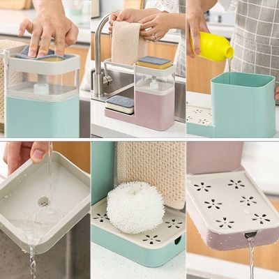 3 in 1 Soap Pump Dispenser Cleaning Liquid Container Sponge Holder Dishcloth Towel Rag Hanger Drain Organizer for Kitchen Bathro