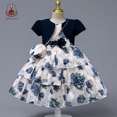 Yoliyolei Chiffon Layers Ball Dresses Children 3 Pcs Set 5 Years Birthday Kids Gown Summer Children Clothes Dresses With Bag