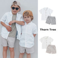 Thorn Tree 2 ชิ้นเด็กฤดูร้อนชุดแขนสั้นเสื้อยืดคอกลมและกางเกงขาสั้นลายทางยืดหยุ่นชุด 3-7Y