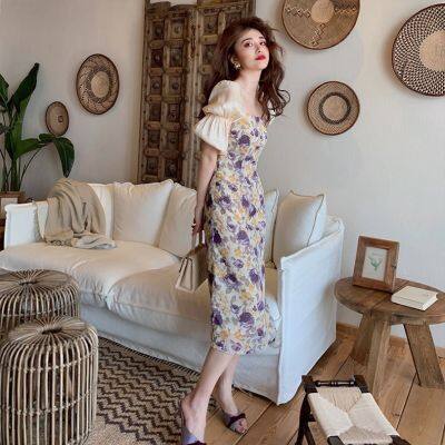 XIAOXIANGFENG floral tight waist long dress r French niche square collar puff sleeve printed dress for women 2020 Ne