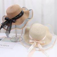 Korean Style Woman Straw Gauze Joint Bow Ribbon Large Brim Sunshade Ins Celebrity Outing Fashion Beach Holiday Glacier Hat