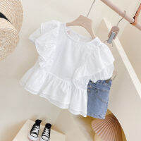 ChildrenS Clothing Sets 2022 Summer New GirlS Suit Flower Flying Sleeve Lace Top + Denim Shorts Two-Piece Fashion Kids Outfit