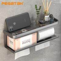 Toilet Paper Holder Aluminium Double Roll Toilet Tissue Holder with Mobile Phone Shelf for Bathroom 3M Self Adhesive No Drill Docks Stands