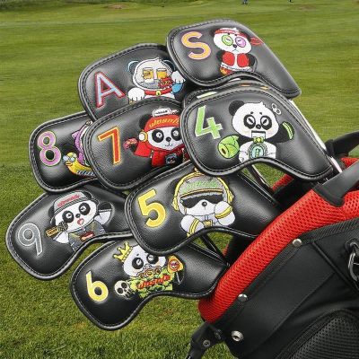 ⊙ﺴ 9pcs Golf Head Covers With Panda Embroidered Club Label PU Leather Golf Iron For Head Covers Set 4/5/6/7/8/9/P/A/S Headcover