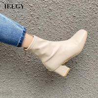 IELGY  Square Toe Chunky Heel Martin Boots ซิปหลังของผู้หญิง