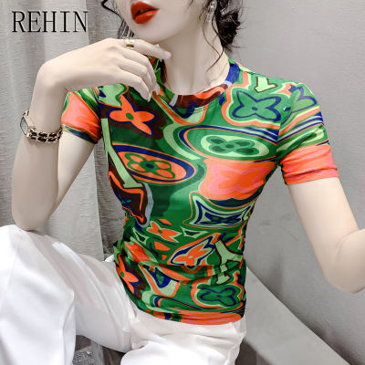REHIN เสื้อยืดผู้หญิงฤดูร้อนแฟชั่นแขนสั้นพิมพ์ลายตาข่ายคอกลมเสื้อมีสไตล์เกาหลีเสื้อเชิ้ตชายและใหม่