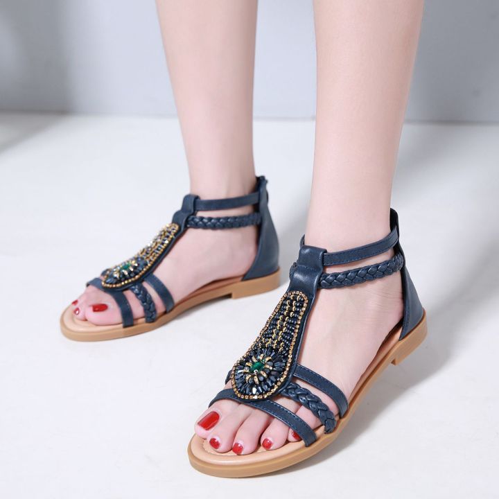 top-35-42-strapy-sandals-women-gemstone-beading-soft-leather-zipper-flat-low-heel-ladies-shoes-dinner-flat-shoes-office-wear-hot-sale