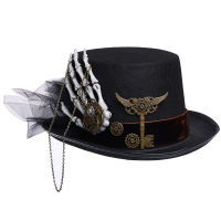 Gothic หมวกผู้ชาย Tops Steampunk คอสเพลย์ Punk Party Head สวม Fedora Skull Hand Gear Veil Chain ฮาโลวีน Accessories