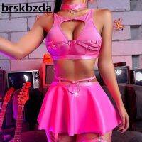 Brskbzda Luxury Choker Erotic Set Women New Pink Bandage Sexy Lingerie Set PU Leather Skirt Breif Kit With Fish Net Stockings