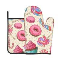 Watercolor Donuts Polyester Oven Mitt and Pot Holders Sets Pink Donuts Background BBQ Gloves for Kitchen Cooking Baking Grilling