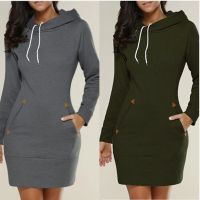 2022 Spring And Autumn Ladies Knee-Length Dress Hooded Warm Sweatshirt Long Sleeve Camp Collar Pocket Simple Casual Sports Dress