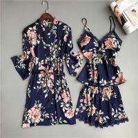 COD DSFERTRETRE S-3XL Plus Size Summer Floral Printed Pajamas 3pcs Set Women Ice Silk Satin Sleepwear Ladies Robe Shorts Homewear Casual Wear