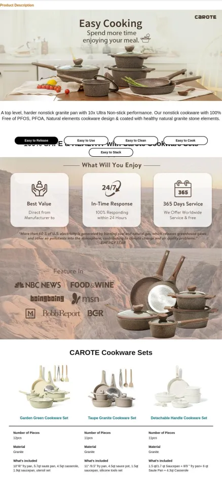 Carote Nonstick Granite Cookware Sets, 10 Pcs Brown Granite Pots