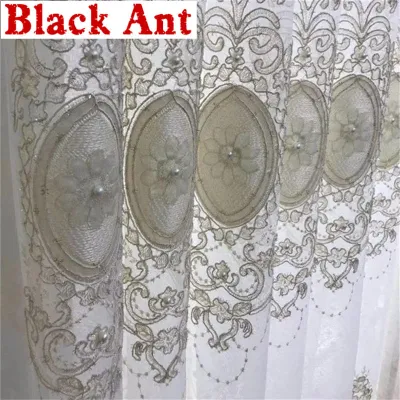 French Light Luxury Lace Pearl Embroidered Voile Window Screen Tulle Curtain For Living Room Sheer Fabric Custom Made X-ZH033#40