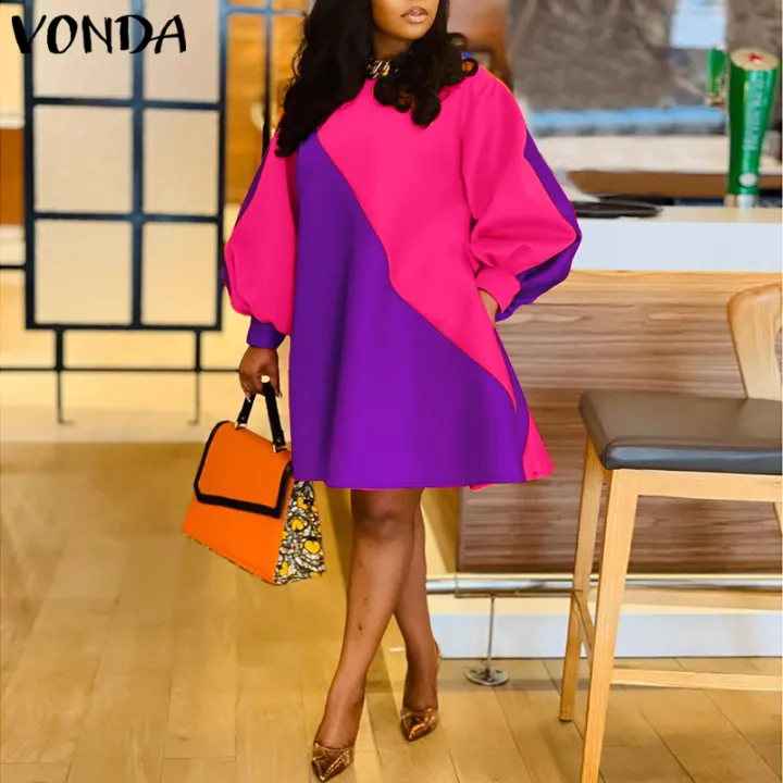 VONDA ชุดเดรสยาวคลุมเข่าสำหรับงานปาร์ตี้,แขนพองเย็บติดกันคอกลมจับจีบแขน