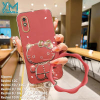 YiaMia เคสโทรศัพท์แฟชั่นสำหรับ Xiaomi Redmi 9 / 9A / 9C / 9T / 12C / 10 / 10A / 10C / 10X / 8 / 8A / 7 / 10 Prime Plus/ 5 Plus / A1 4G 2022ตัวชุบโลหะหรูหราแฟชั่น KT ที่ใส่กระจกเงาโต๊ะเครื่องแป้งแมว + กำไลข้อมือ