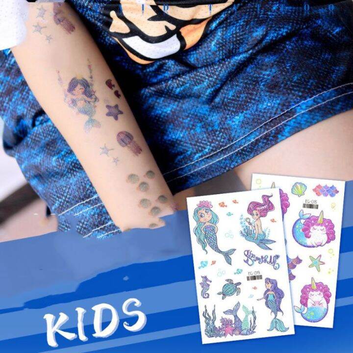 2pcs-bling-cartoon-mermaid-tattoos-stickers-butterfly-glitter-powder-waterproof-sticker-for-kids-student-gift