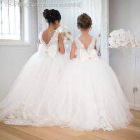 ﹍☈┇ xianhaochen048906 Vestidos bonitos da menina flor para o casamento grande arco apliques longos pequenos vestidos do concurso meninas tule branco primeiro comunhão