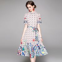 Spring Summer Fashion Blue Flower Shirt Dress Women Lapel Single Breasted Half Sleeve Lace Up Floral Print Chiffon Vestidos