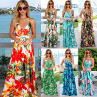 Women Tropical Boho Long Dress Leaves Floral Print y V-Neck Backless Sundress Party Beach Sling Spaghetti Straps Maxi Dresses