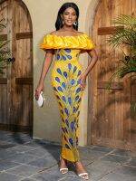 【YF】 AOMEI Womens Long Dress Yellow Floral Cold Shoulder High Waist Peacock Print Ankle Lengnth Cocktail Event African Gowns 4XL New