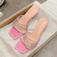 Liyke Fashion Rhinestones Buckle Ladies Thin Heeled Slipper Sexy Street Woman Crystal Narrow Band Square Toe Slides Shoes Sandal