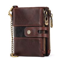 Genuine Leather Mens Wallet Fashion Quality Travel Purse Rfid Protect Credit Card Holder Wollst for Men with Chain