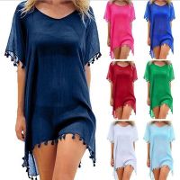 [COD] summer womens foreign trade round neck chiffon tassel dress large size loose beach blouse manufacturers spot