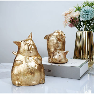 Golden Lucky Cat Ornament Home Decor Accessories Kawaii Resin Art Craft Living Room Desktop Figurines Statue Decoration Supplies