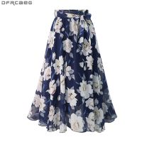 ☫► New Plus Size Women Chiffon Skirt Europe Fashion Bow Saia Midi Lining Jupe Femme Lace Up Falda Mujer Summer Print Floral Skirts