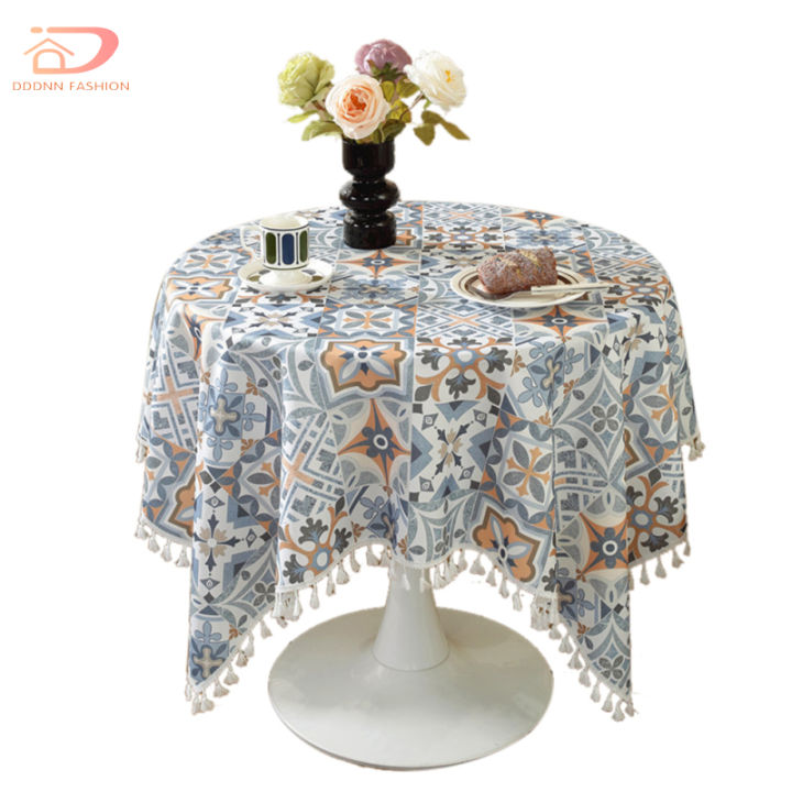 ผ้าปูโต๊ะแบบนำกลับมาใช้ใหม่ได้ผ้าปูโต๊ะมีพู่รูปแบบเรขาคณิตกันน้ำกันฝุ่นผ้าคลุมโต๊ะสำหรับโต๊ะกลม