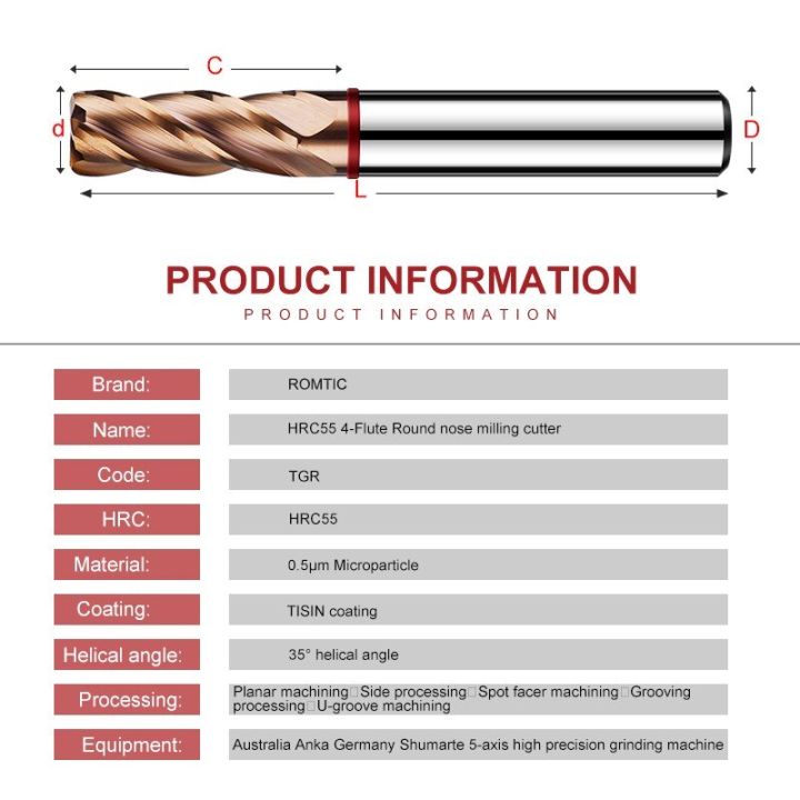 romtic-tgr-hrc55-ทังสเตนเหล็กคาร์ไบด์สําหรับเครื่องตัดมิลลิ่งเหล็ก-4f-color-ring-coating-cnc-mechanical-round-nose-endmills-tools