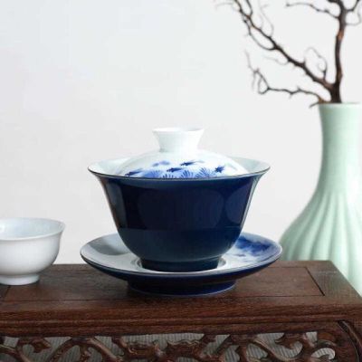 ชุดถ้วยน้ำชา หยก สวยๆ นำเข้า 霁蓝手绘鱼