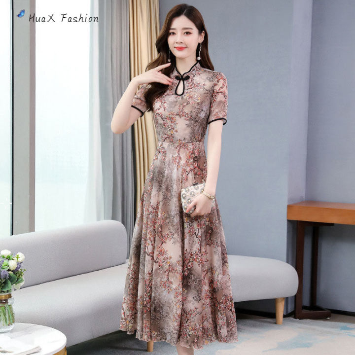 huax-ผู้หญิงฤดูร้อน-cheongsam-ชุดแขนสั้นพิมพ์-a-line-กระโปรงขนาดใหญ่หลวม-maxi-dress