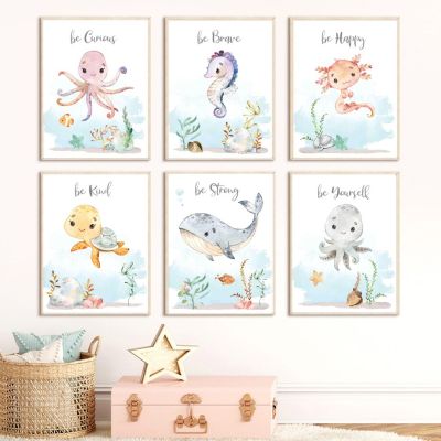 Sea Animal Nursery Wall Art ภาพวาดผ้าใบโปสเตอร์และภาพพิมพ์สำหรับตกแต่งห้องเด็ก-Octopus, Whale, Seahorse, Turtle