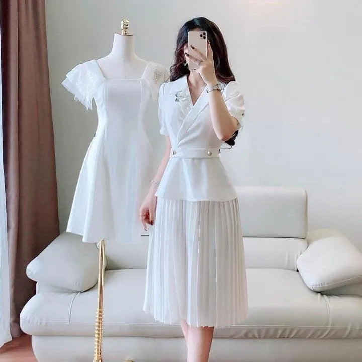 Đầm xòe trắng cổ vest chân váy xếp ly cao cấp (Kadupul V1213 ...