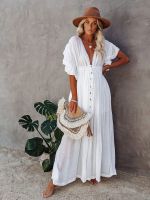 ♞✸ Sexy Bikini Cover-ups Deep V Neck Long White Tunic Casual Summer Beach Dress Elegant Women Clothes Beach Wear Swim Suit Cover Up