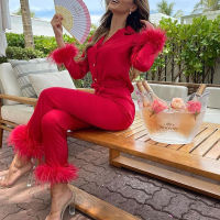 Two Piece Chic Feather Detail Lounge Suits Long Sleeve Button Up Top &amp; Slim Pants Set Women Pajamas Tracksuit Two Piece Set