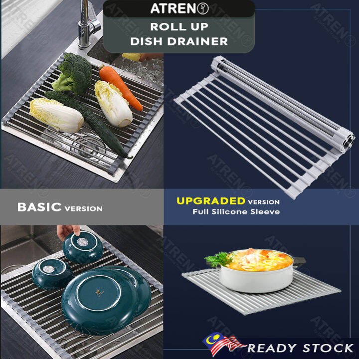 Roll Up Dish Drainer Sink Dish Drying Rack Foldable Silicone Coated Stainless Steel Dish Drainer