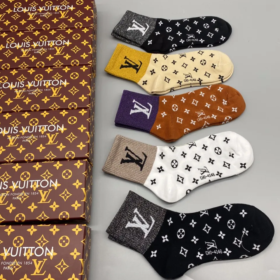 LOUIS VUITTON ONE BOX AND FIVE PAIRS HIGH LENGTH SOCKS