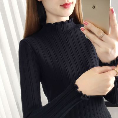 [COD] Half-high collar bottoming womens long-sleeved inner autumn and winter new mid-neck sweater short section slim-fit wooden ear edge knitted